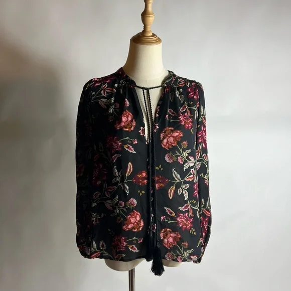 ALC Silk Red Black Tie Neck Flowy Blouse - Picture 2 of 7